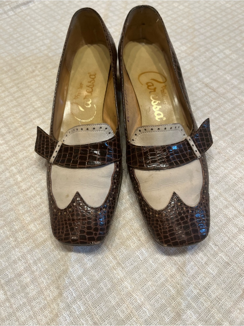 Vintage Brown Croc-Embossed Two-Tone Loafers - Brown/Cream
